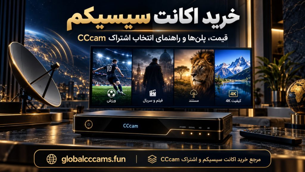 پوستر خرید اکانت سیسیکم گلوبال با تصویر رسیور ماهوارهای، شبکههای ورزشی، فیلم و مستند و کیفیت 4K